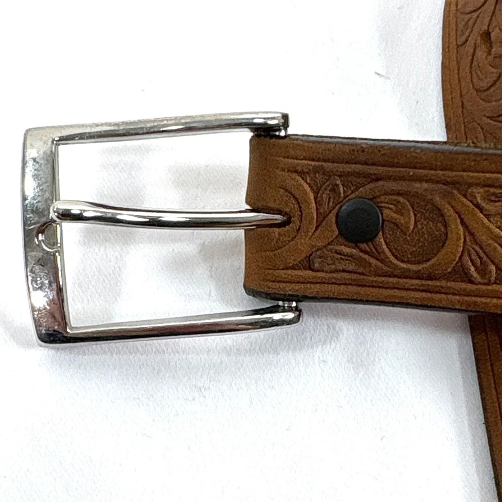 Justin Belt Brown Floral Embossed Top Grain Leather Western Made in USA 24 81980